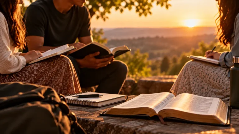 Encontro ao ar livre ao pôr do sol com pessoas lendo livros abertos, cadernos e anotações em um clima de fé e propósito, cercado por natureza e luz dourada.