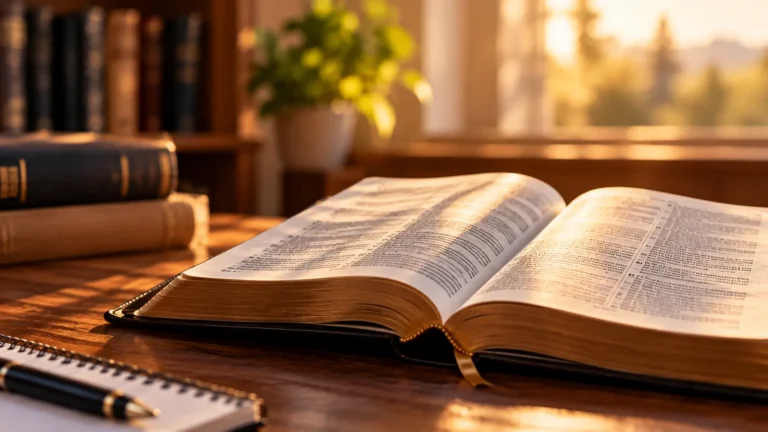 Livro aberto com páginas de texto bíblico sobre uma mesa de madeira, ao lado de outros volumes e caneta, em um ambiente iluminado ao pôr do sol, com foco em profecias bíblicas